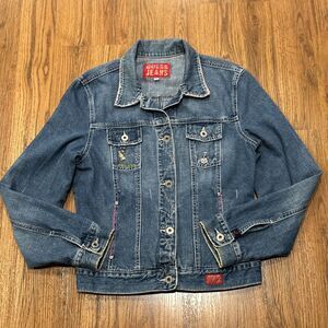 Vintage Guess Jeans Women XL Denim Jacket Y2K Medium Wash Embroidered Charms USA